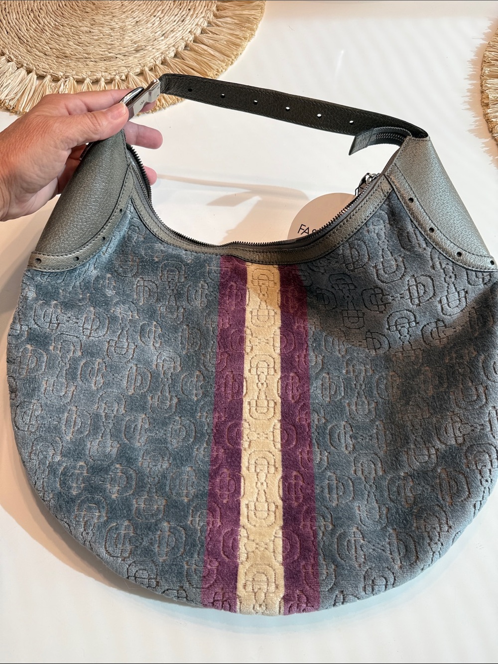 Gucci Gray Hobo Bag with Purple and Cream Center Stripe